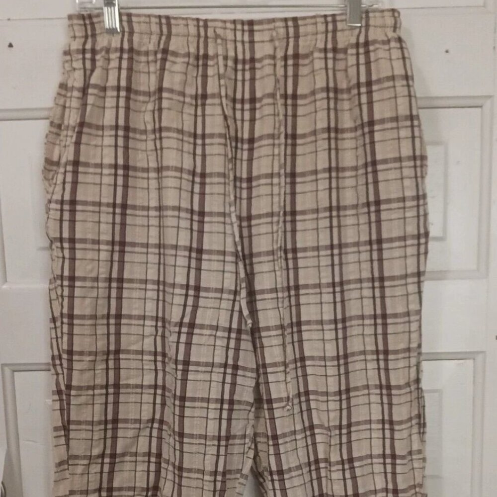 Womans BLAIR Large Capris Short Pants Drawstring Brown and Beige Plaid Pull-On